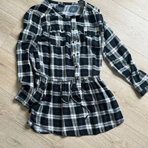 INC Black and White Plaid Button-Up Tunic